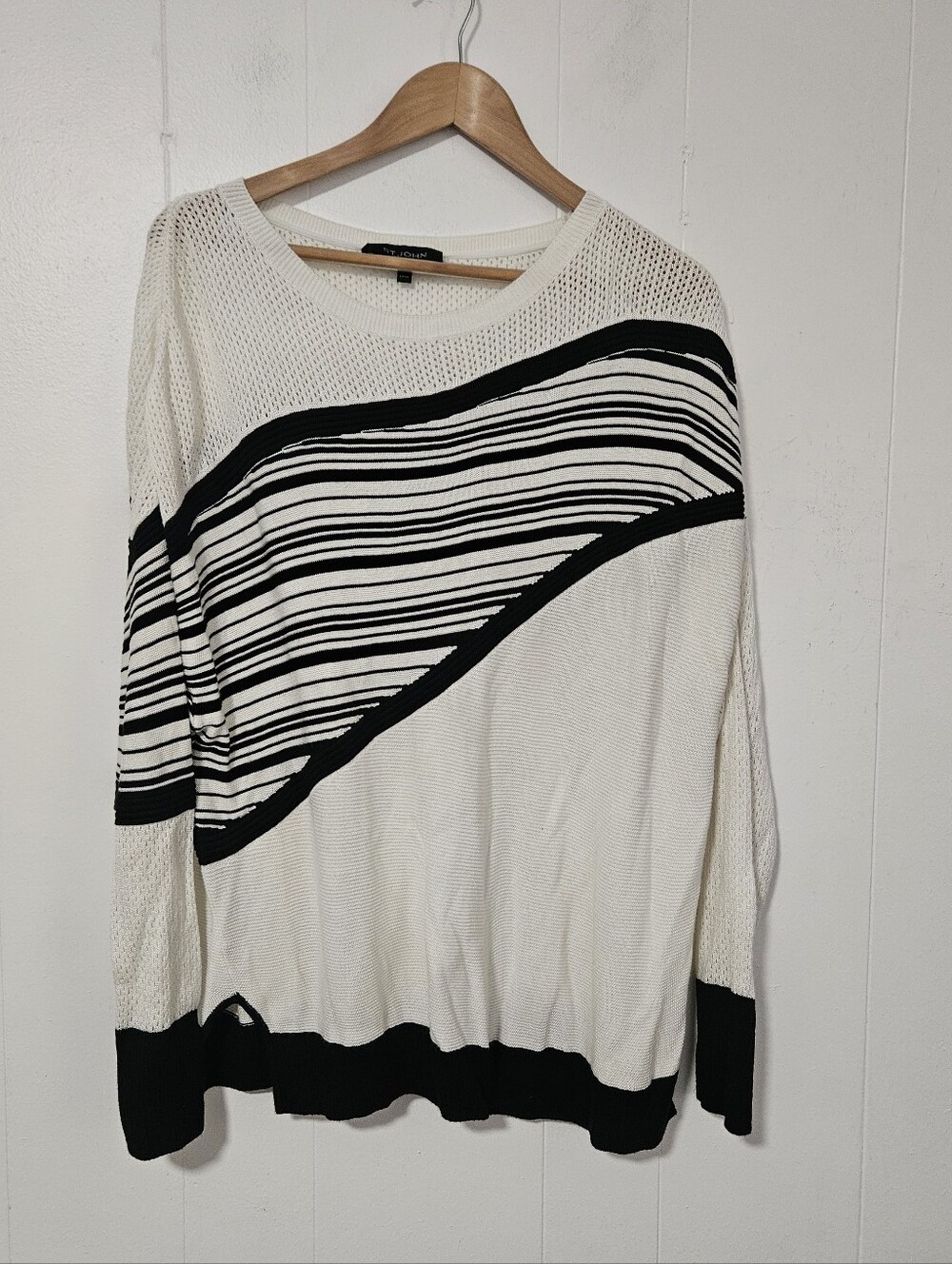 St. John Black & White Striped Scoop Neck Sweater